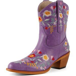 Women's Purple Ankle Cowgirl Boots Flower Embroidered Square Toe Chunky Heel